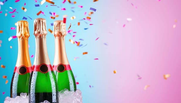 Three champagne bottles chilling in ice bucket with falling confetti on blue and pink background. Celebration, festive, party concept.