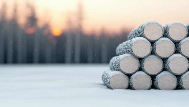 Stack of logs covered in snow in a winter forest at sunset. Concepts of winter, cold, nature, wood, warmth, forestry