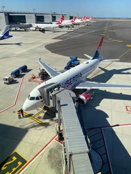 25 August 2023, Belgrade, Serbia: An Air Serbia plane preparing for departure from Belgrade airport.