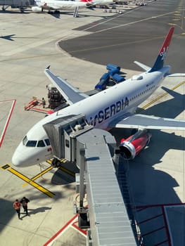 25 August 2023, Belgrade, Serbia: An Air Serbia plane preparing for departure from Belgrade airport.