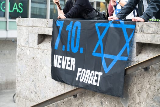 Israeli Palestinian protest in Cologne, Germany, 07.10.2024, war conflict between Jews and Muslims, remembering the victims and hostages of terror attack in Gaza