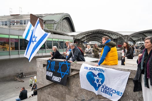 Israeli Palestinian protest in Cologne, Germany, 07.10.2024, war conflict between Jews and Muslims, remembering the victims and hostages of terror attack in Gaza
