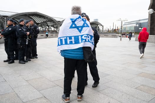 Israeli Palestinian protest in Cologne, Germany, 07.10.2024, war conflict between Jews and Muslims, remembering the victims and hostages of terror attack in Gaza