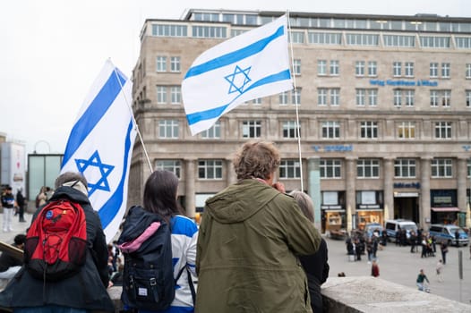Israeli Palestinian protest in Cologne, Germany, 07.10.2024, war conflict between Jews and Muslims, remembering the victims and hostages of terror attack in Gaza
