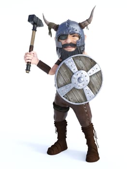 3D rendering of a viking man with his war hammer raised and shield protecting him, ready to fight. White background.