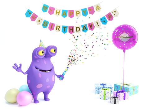 3D rendering of a cute smiling purple cartoon monster with spots shooting a party popper or confetti cannon and celebrating a happy birthday party. White background with balloons, gifts and celebration banners.