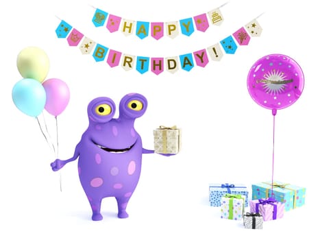 3D rendering of a cute smiling purple cartoon monster with spots holding three balloons in one hand and a wrapped present in the other celebrating a happy birthday party. White background with copy space, gifts and celebration banners.
