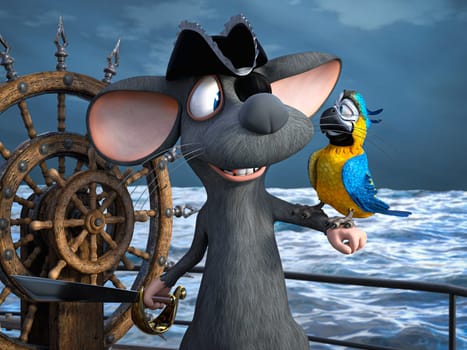 3D rendering of a cute smiling cartoon mouse pirate wearing an eye patch and holding a parrot and a sword, in a ship out at sea.