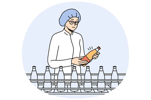 Female worker in uniform and headwear checking bottles on production line on factory. Woman employee control juice or milk quality at plant. Vector illustration.