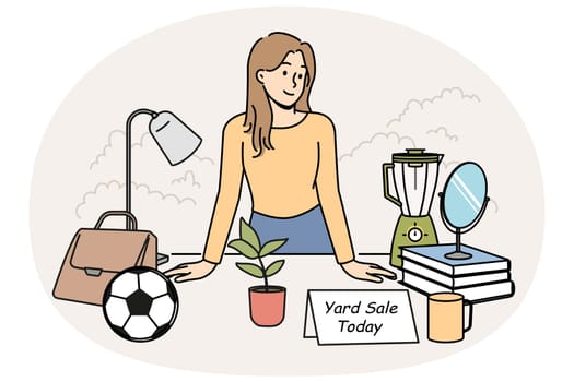 Smiling woman standing at desk selling goods on yard sale. Happy female offer things on backyard sale. Vector illustration.