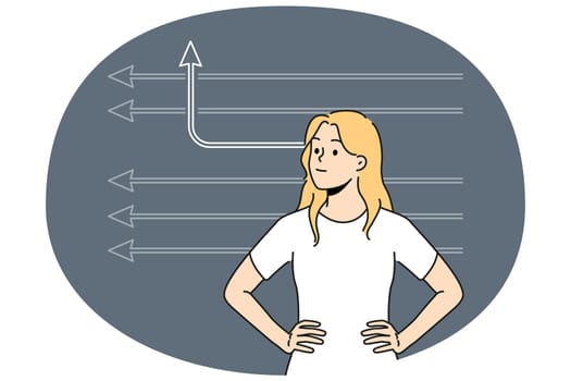 Determined female employee with numerous arrows think of creative ideas. Woman with one arrow changing direction. Creative thinking. Vector illustration.