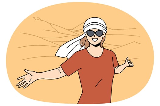 Overjoyed woman in headwear posing in desert. Smiling female in traditional white headscarf enjoy traveling in dunes. Vector illustration.