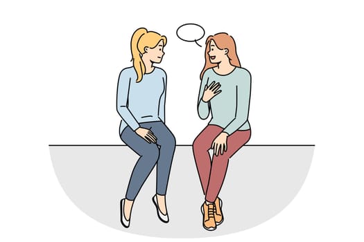 Happy girls sitting talking with speech bubble above head. Smiling women have conversation engaged in interesting discussion. Communication. Vector illustration.