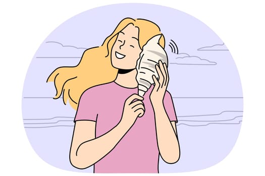 Happy woman with seashell on beach on summer vacations. Smiling girl with shell enjoy summertime on seashore. Vector illustration.