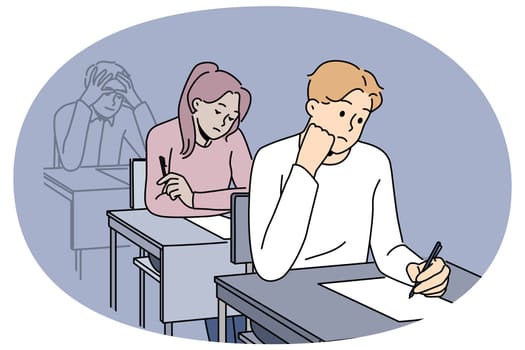Distressed students sit at desk writing on paper. Unhappy people handwriting on exam or test in classroom. Vector illustration.
