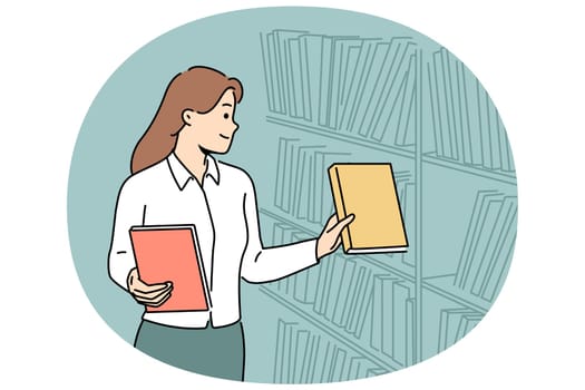 Female librarian put books on bookshelves. Woman working in library. Occupation and profession. Vector illustration.