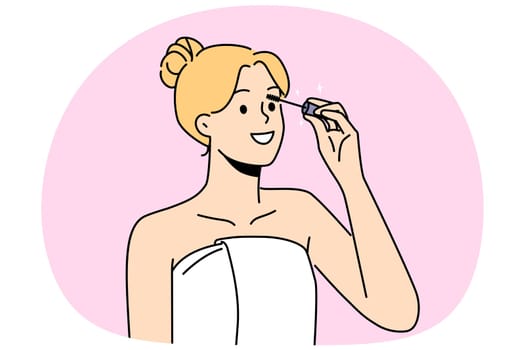 Smiling woman in towel on body doing makeup at home. Happy female painting lashes with mascara. Beauty and getting ready. Vector illustration.