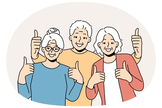 Overjoyed elderly people showing thumbs up enjoying maturity. Smiling old grandparents feeling optimistic and positive. Vector illustration.