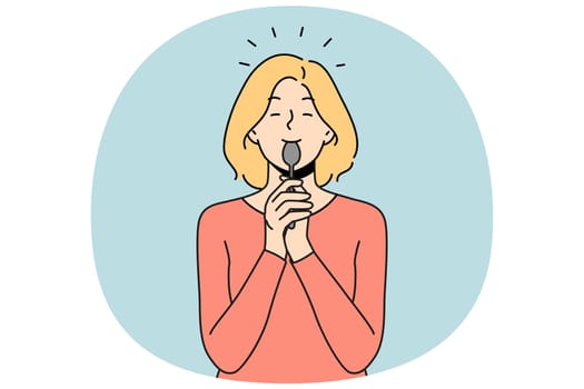 Smiling girl licking spoon after tasty food or dessert. Happy woman with cutlery after tasting or eating. Vector illustration.