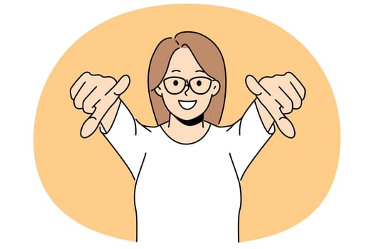 Smiling woman in glasses point at screen choosing person. Happy girl in eyewear show with fingers on camera make Choose you gesture. Vector illustration.