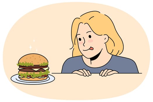 Excited child looking at delicious hamburger on table. Happy girl kid ready to eat tasty burger. Food and nutrition. Vector illustration.