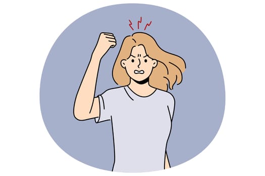 Angry woman showing fist feeling furious and enraged. Mad female showing emotions having bad unpleasant experience. Vector illustration.