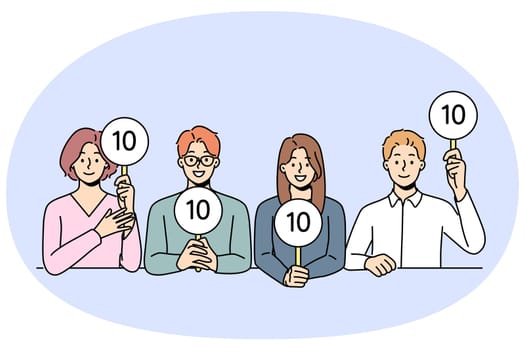 Diverse people sit at desk giving points to contestants. Smiling judges evaluate performance or competition. Vector illustration.