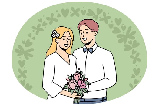 Smiling bride and groom standing near wedding floral arch during ceremony. Happy couple enjoy marriage celebration. Vector illustration.