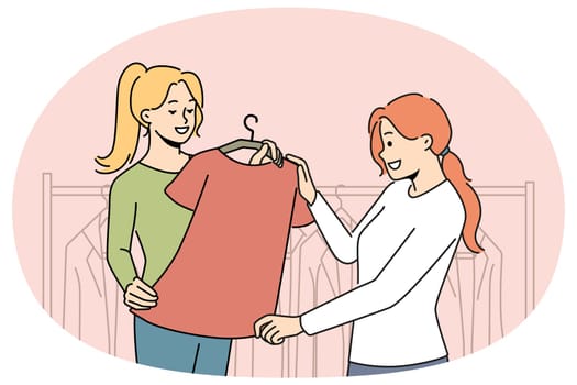 Smiling consultant help client with clothes choose in store. Woman buy apparel in boutique. Fashion and consumerism. Vector illustration.