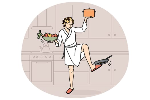 Woman in bathrobe multitask at home with household activities. Housewife busy with chores in kitchen. Vector illustration.