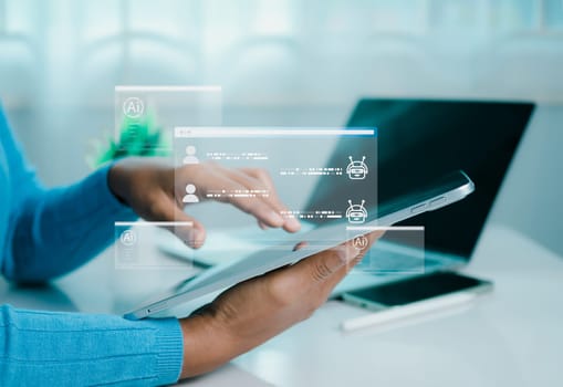 Human hand using tablet touching a virtual screen displaying questions and answers with artificial intelligence, Machine learning, AI technology, AI brain network in business analysis.