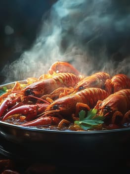 crawfish in a hot pot, full of red sauce . AI generative.
