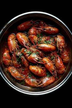 crawfish in a hot pot, full of red sauce . AI generative.