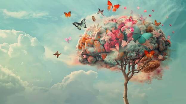 Human mind growing from tree of flowers, positive thinking, creative brain, self care and mental health concept, woman with spring blossoms