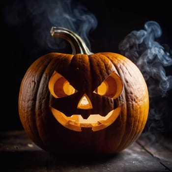 A carved Halloween pumpkin features a menacing face illuminated from within, with smoke curling upward, enhancing the haunting ambiance of the evening. Generative AI.