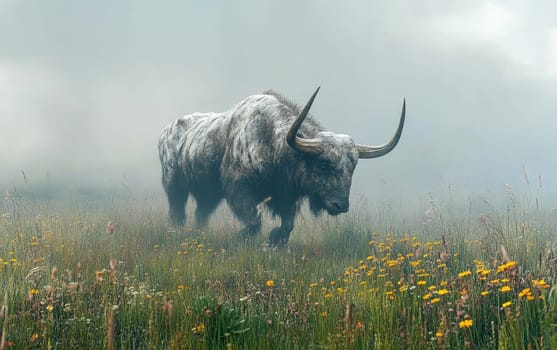 A majestic elasmotherium, a prehistoric woolly rhinoceros-like creature, grazes through a lush, misty meadow filled with vibrant yellow flowers.