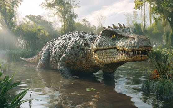 A massive, ancient Estemmenosuchus, a large therapsid reptile, emerges from the dark, lush vegetation of a primeval jungle, its imposing presence commanding the scene.
