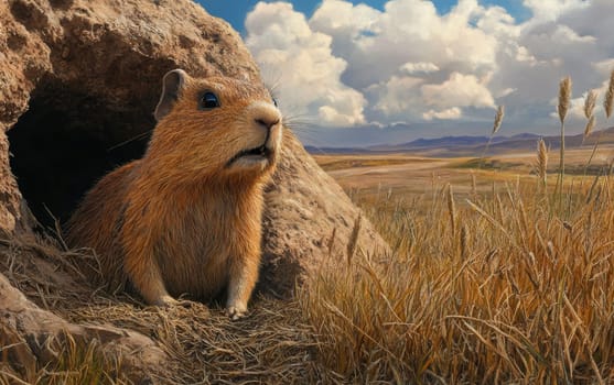 A curious Ceratogaulus, an extinct genus of horned ground squirrel, emerges from its burrow in the dry, grassy expanse of the ancient North American landscape.