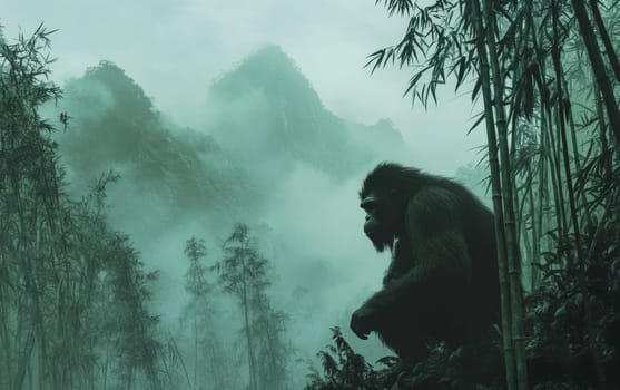 A powerful and imposing Gigantopithecus stands resolute in the shrouded, ethereal landscape of the lush, primeval jungle.