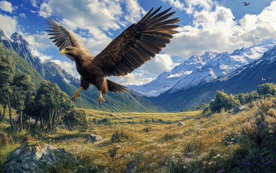 A magnificent Haast's eagle soars majestically over a rugged alpine landscape, its massive wings spread wide against the dramatic, cloud-filled sky.