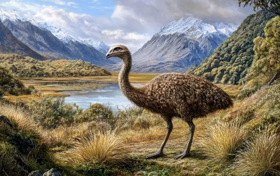 A massive, impressive giant moa stands atop a rocky outcrop, its keen gaze sweeping over the breathtaking, snow-capped peaks and lush, verdant valleys below.