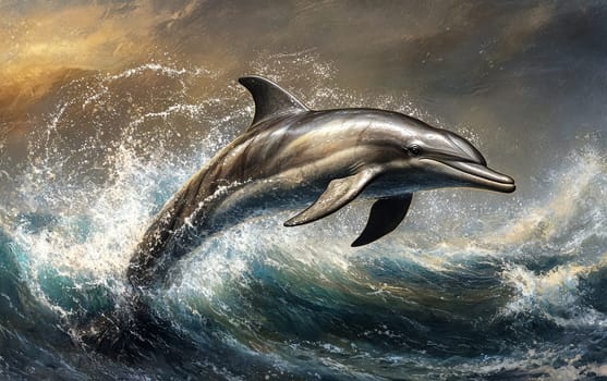 A majestic Eurhinodelphis, a prehistoric dolphin-like creature, gracefully leaps from the churning, stormy ocean waves against a dramatic cloudy sky.