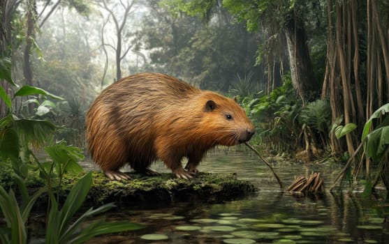 A colossal Josephoartigasia, a giant prehistoric rodent, stands upon a mossy log in the tranquil, lush marshlands, its powerful presence commanding the serene environment.
