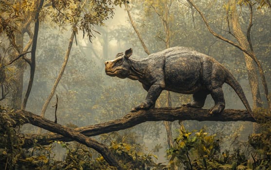 A colossal Indricotherium, one of the largest land mammals to have ever existed, gracefully navigates the dense, verdant foliage of a primeval forest, its massive form a testament to the grand scale.