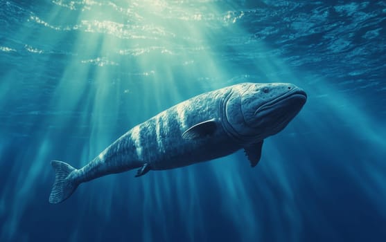 A massive, prehistoric Leedsichthys fish glides gracefully through the sunlit, azure waters, its immense size and ancient presence commanding the deep sea environment.