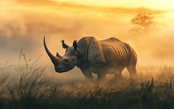 Close-up portrait of a rhinoceros in warm golden light, standing in dry grass during sunset in the African savanna, highlighting texture and details.
