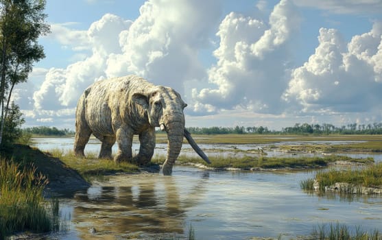 A massive prehistoric Gomphotherium wades through a tranquil marshland, its powerful form reflected in the still waters against a dramatic cloudy sky.