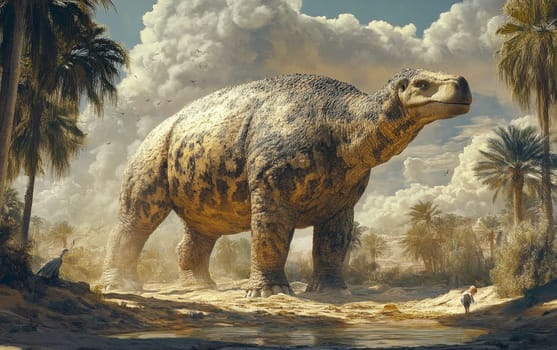 A massive Paraceratherium stands vigilant atop a rocky outcrop, its piercing gaze scanning the expansive, sun-drenched desert landscape for any signs of potential threats or valuable resources.