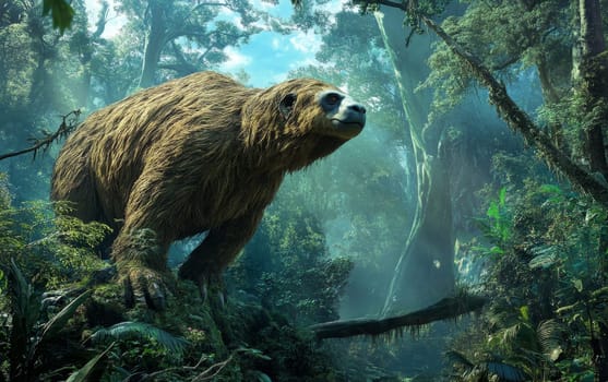 A towering Megatherium ground sloth stands tall amidst the misty, verdant canopy of the ancient forest, its piercing gaze scanning the surroundings with a sense of primal dominance and control.