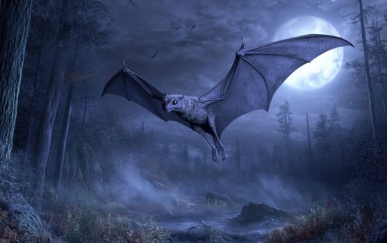 A prehistoric Icaronycteris bat soars majestically through the moonlit night, its massive wingspan silhouetted against the dramatic cloudy sky.